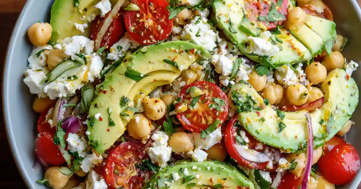 vibrant chickpea avocado salad with tomatoes, feta, and herbs in a gray bowl