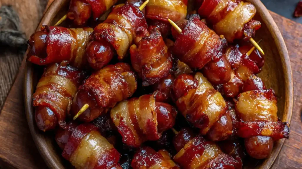 Bacon-wrapped smokies glazed with brown sugar, served in a rustic wooden bowl