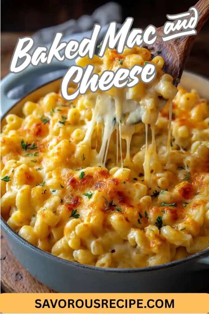 Pinterest pin of golden baked mac and cheese with gooey cheese pull and text overlay