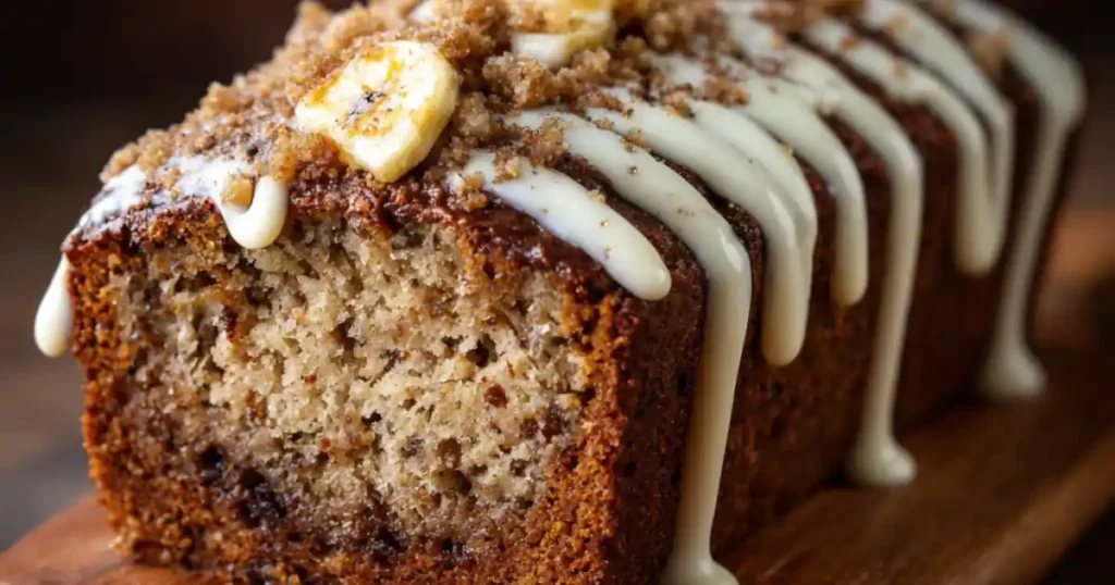 moist banana bread loaf with white icing drizzle and banana chips on wooden board