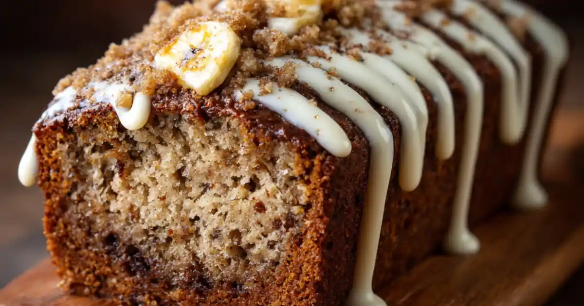 moist banana bread loaf with white icing drizzle and banana chips on wooden board
