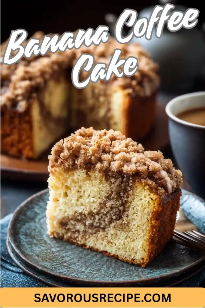 banana coffee cake slice with cinnamon crumble topping, coffee mug, and bold recipe text overlay