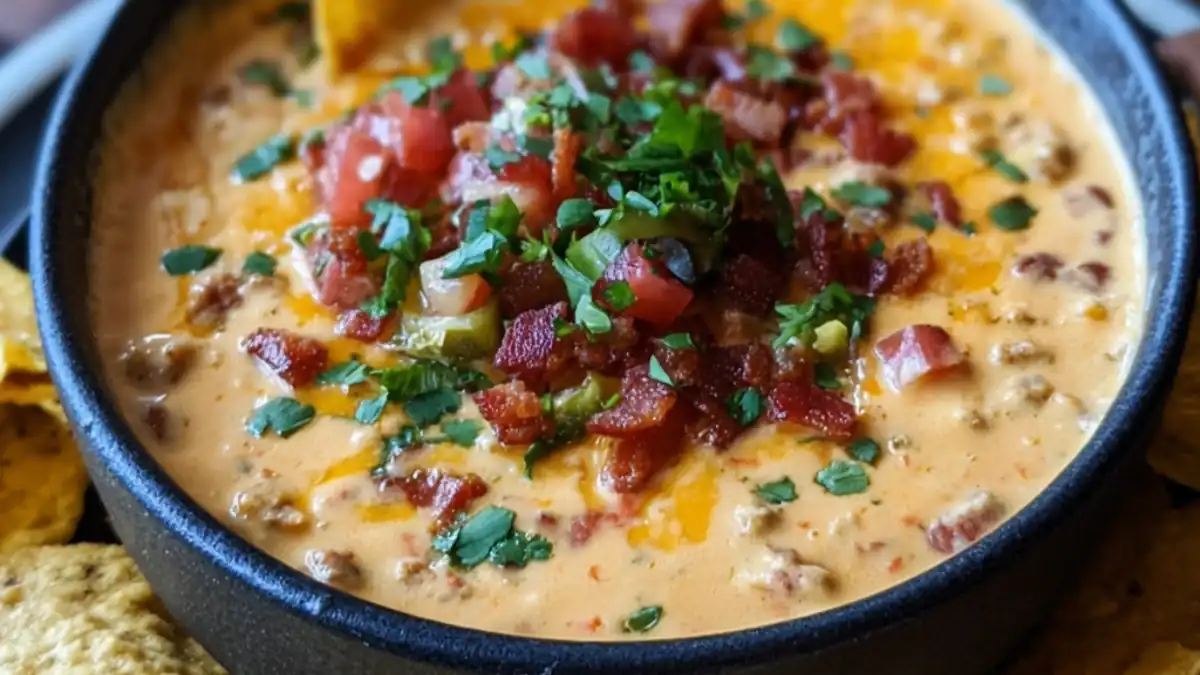 creamy beef queso with melted cheese, bacon, tomatoes, jalapeños, and fresh cilantro