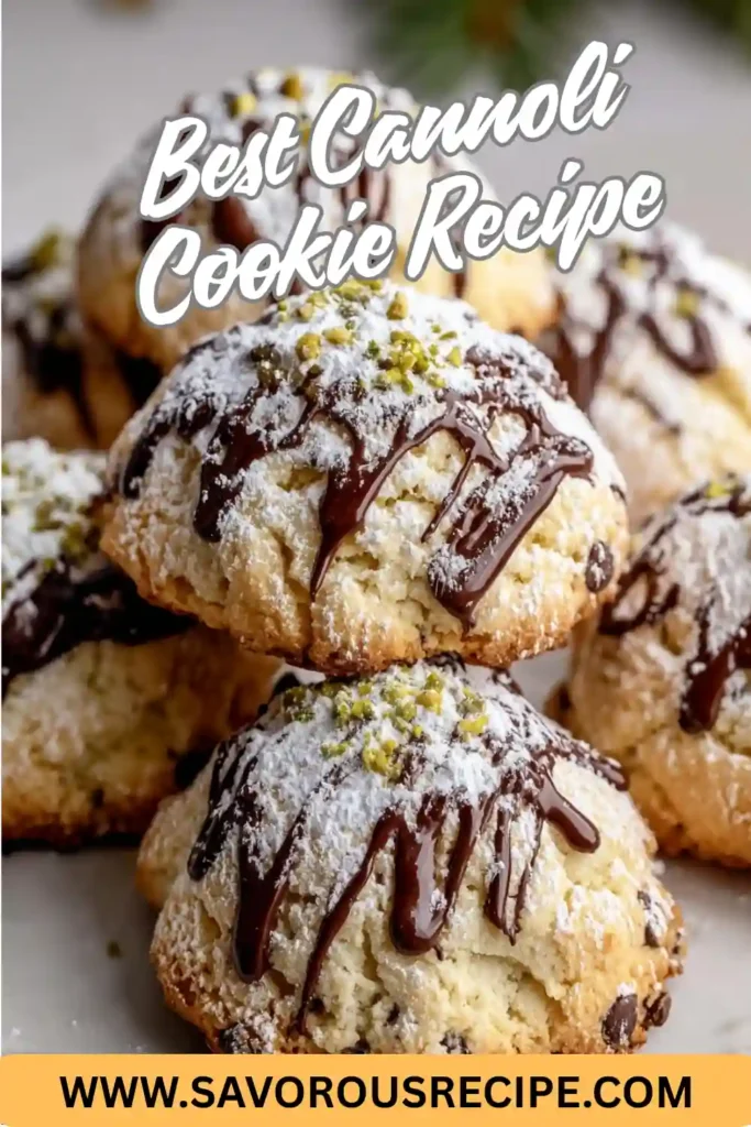 cannoli cookies topped with chocolate drizzle, pistachios, and powdered sugar on white plate