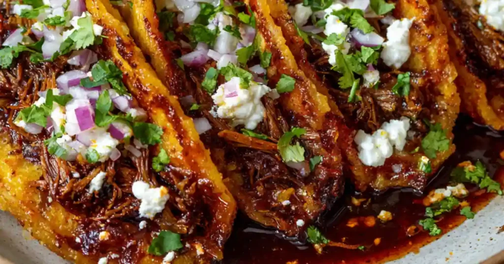 Crispy birria tacos filled with shredded beef, cotija cheese, red onion, and cilantro, dipped in rich consommé