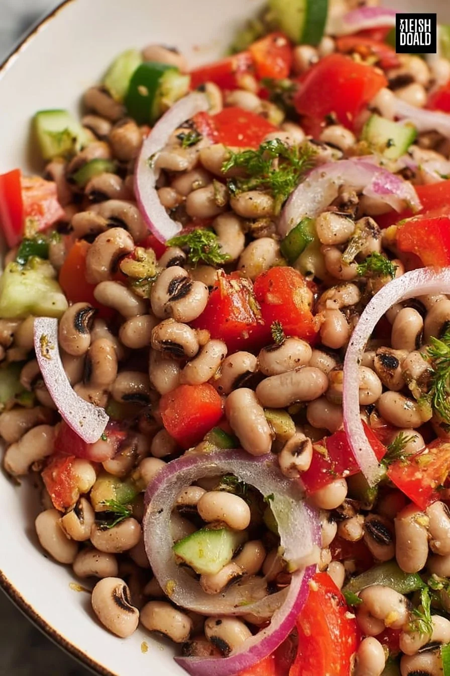 Colorful Black Eyed Pea Salad with vegetables and dressing in a bowl