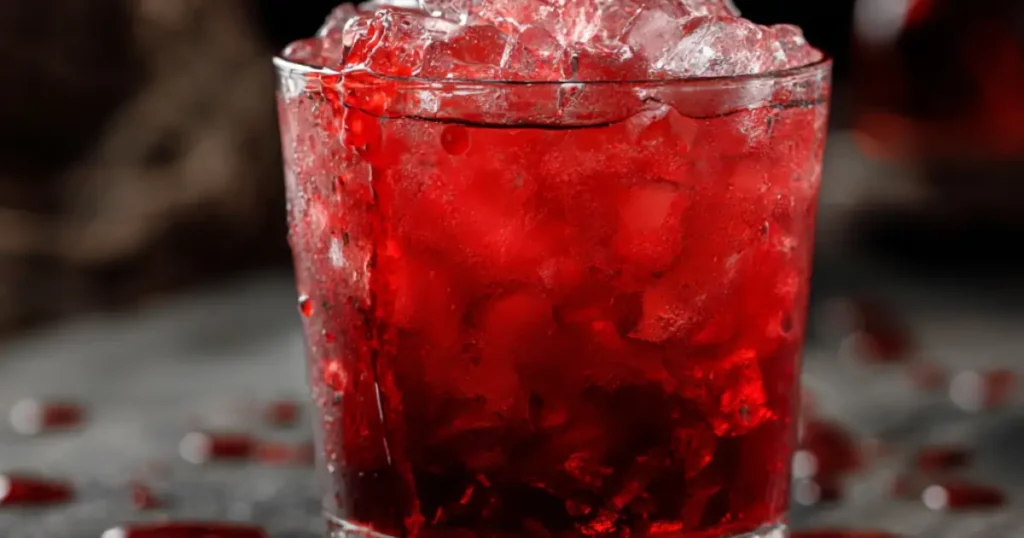 Chilling red cocktail over crushed ice in a glass, resembling blood, with a dark moody background