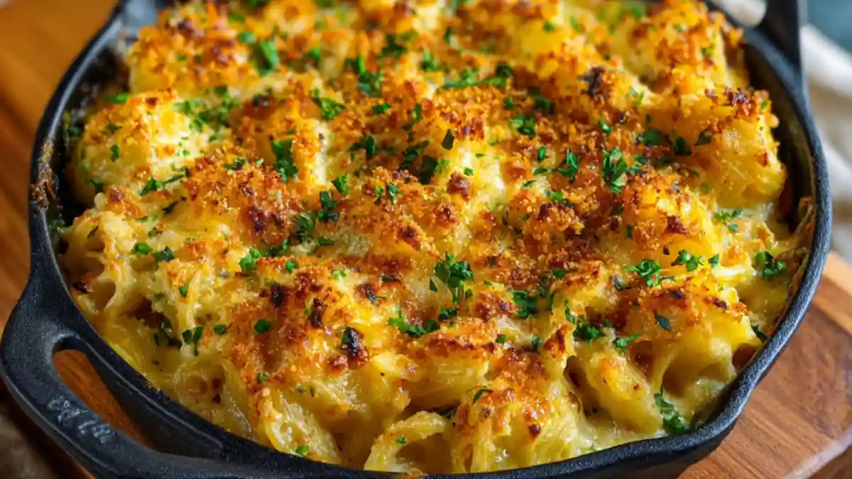Baked macaroni and cheese in cast iron skillet topped with golden breadcrumbs and fresh parsley