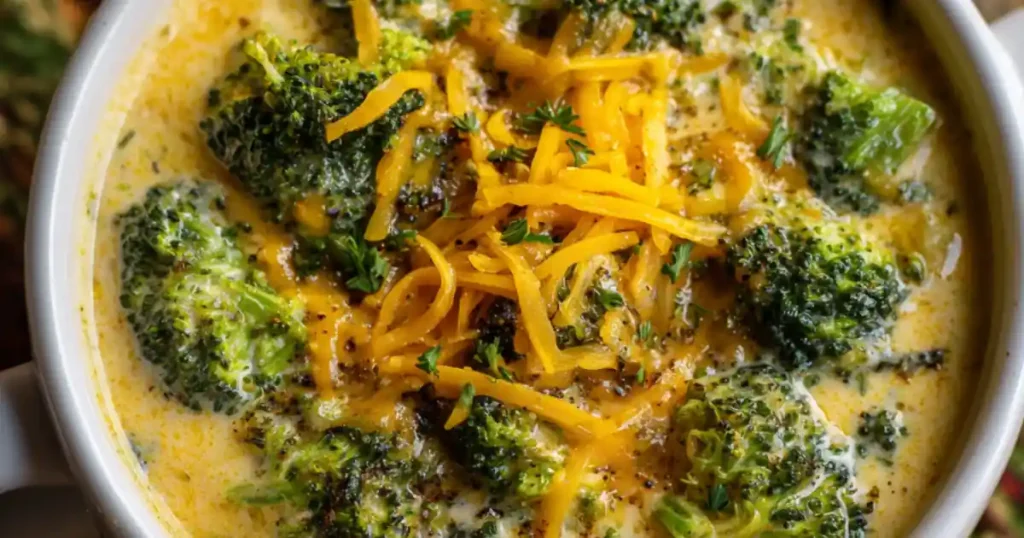 creamy broccoli cheddar soup topped with melted cheddar shreds, fresh parsley, and black pepper in a white bowl