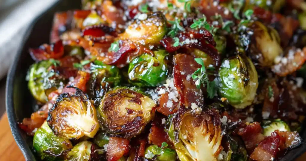 roasted Brussels sprouts with crispy bacon and parmesan in cast iron skillet