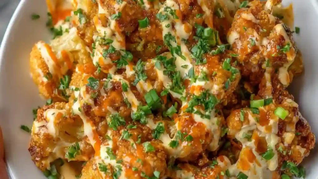 crispy buffalo cauliflower bites drizzled with ranch and hot sauce, topped with green onions and parsley
