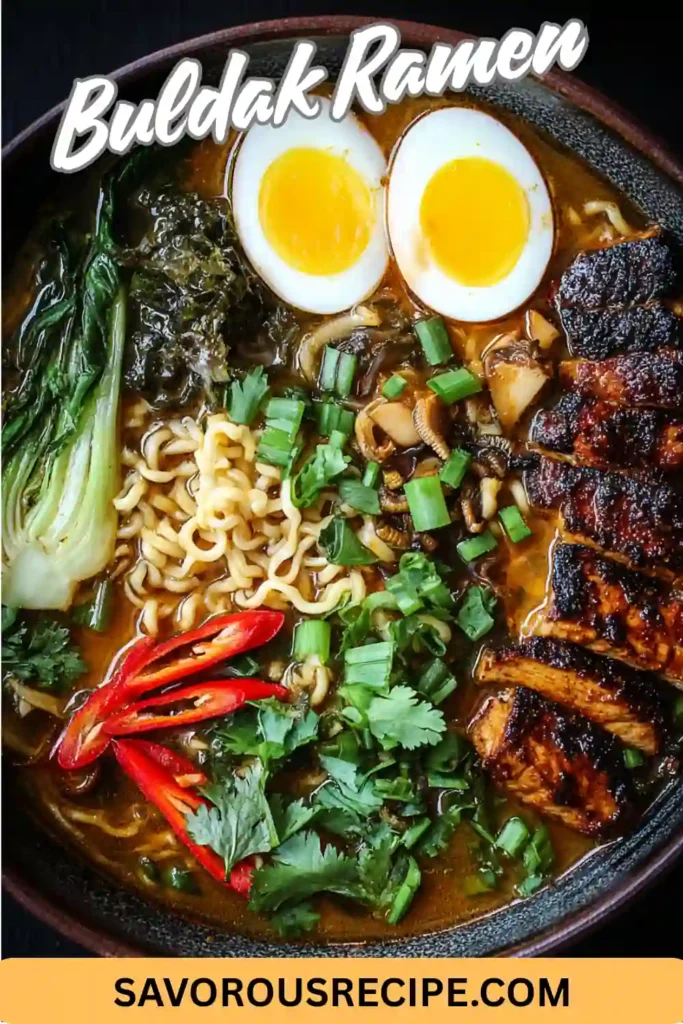 Bowl of buldak ramen with grilled chicken, soft-boiled eggs, bok choy, chili peppers, and fresh herbs, styled with text and branding