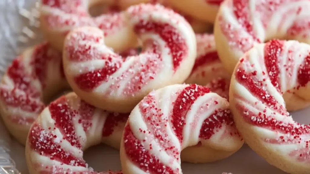 festive candy cane-shaped cookies with red sugar crystals on a white plate