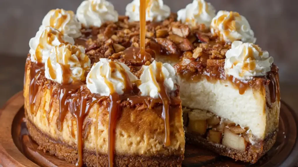 caramel apple cheesecake with whipped cream and pecan topping on wooden board