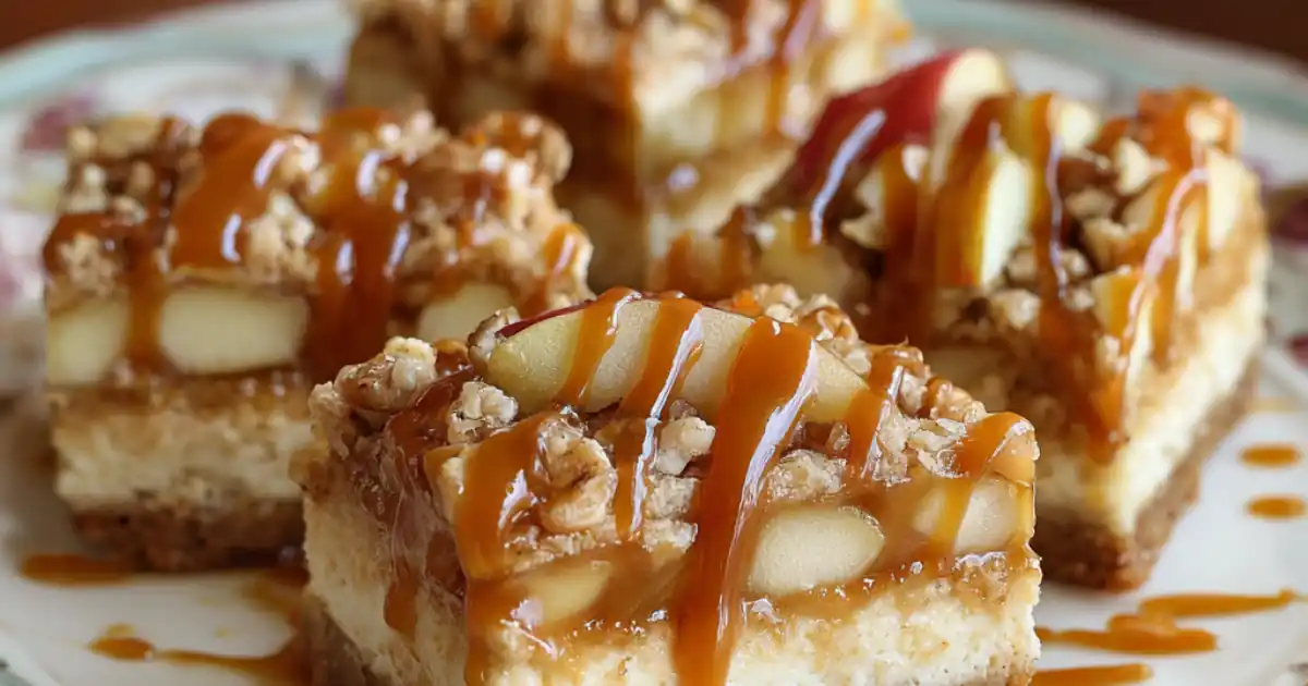 Caramel apple cheesecake bars topped with fresh apples, oats, and caramel drizzle