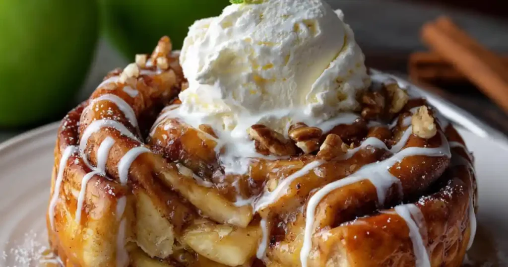 Warm caramel apple cinnamon roll topped with vanilla ice cream and pecans