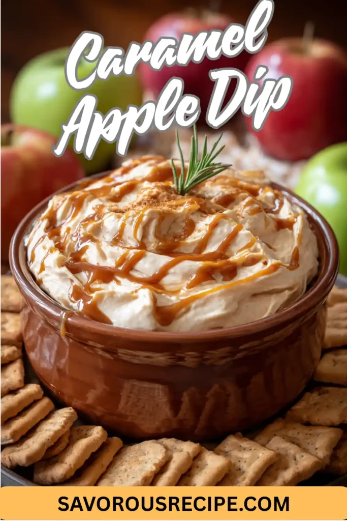 Creamy caramel apple dip topped with caramel drizzle and served with crackers and fresh apples