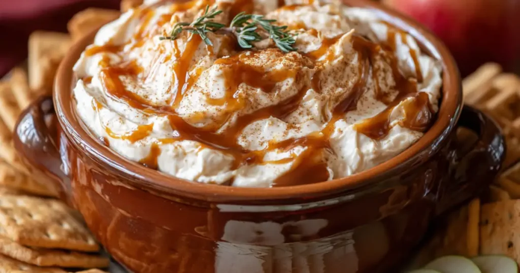 Creamy caramel dip in a brown bowl topped with caramel drizzle and served with crackers and apple slices