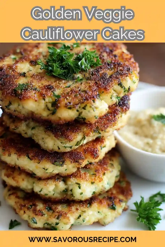 stack of golden cauliflower cakes with parsley and dip, text overlay and website branding