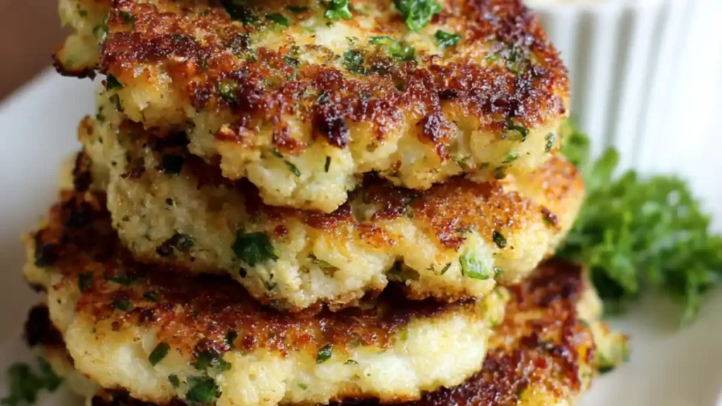 crispy golden cauliflower fritters stacked on a plate with fresh parsley