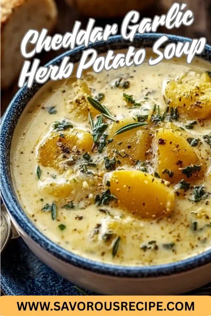 cheddar garlic herb potato soup in blue-rimmed bowl with rosemary, cracked pepper, and bread
