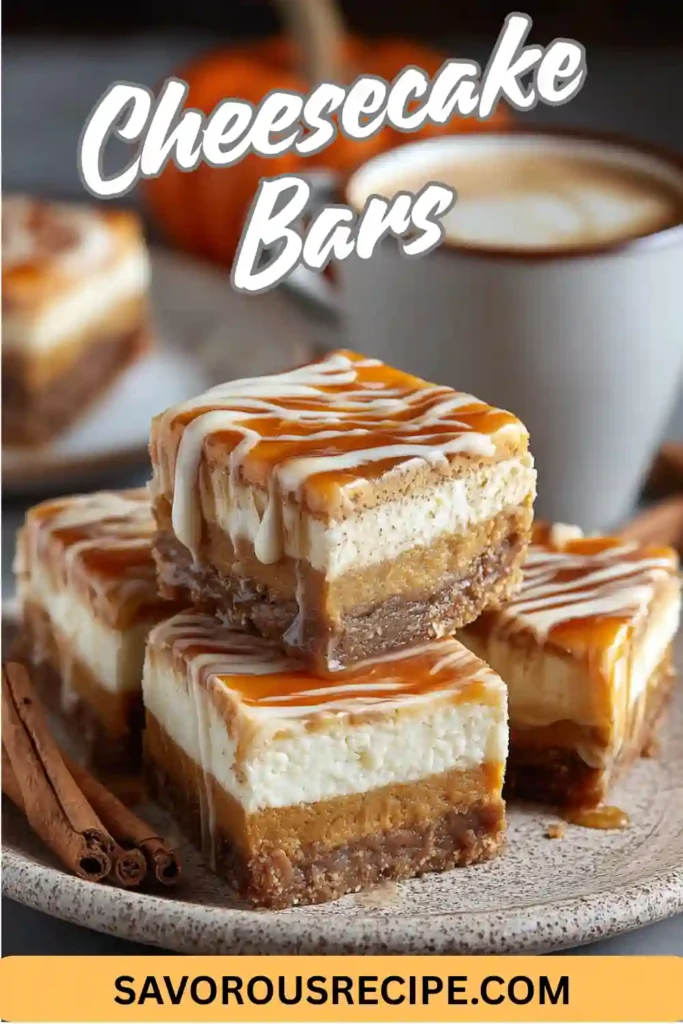 caramel-drizzled cheesecake bars with cinnamon on speckled plate