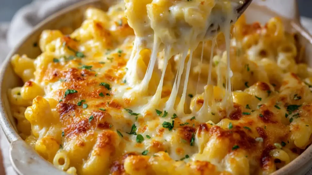 Cheesy baked mac and cheese with melted cheese pull and golden brown topping in a white baking dish