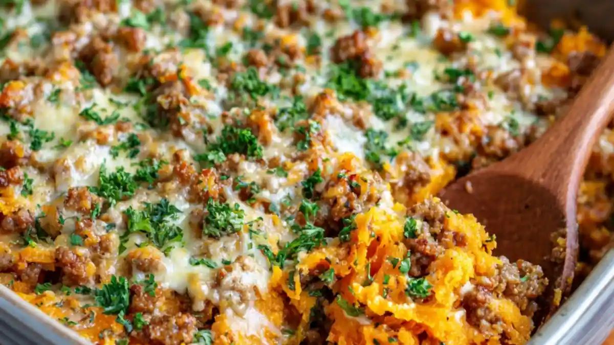 cheesy ground beef casserole with butternut squash, melted cheese, and fresh parsley
