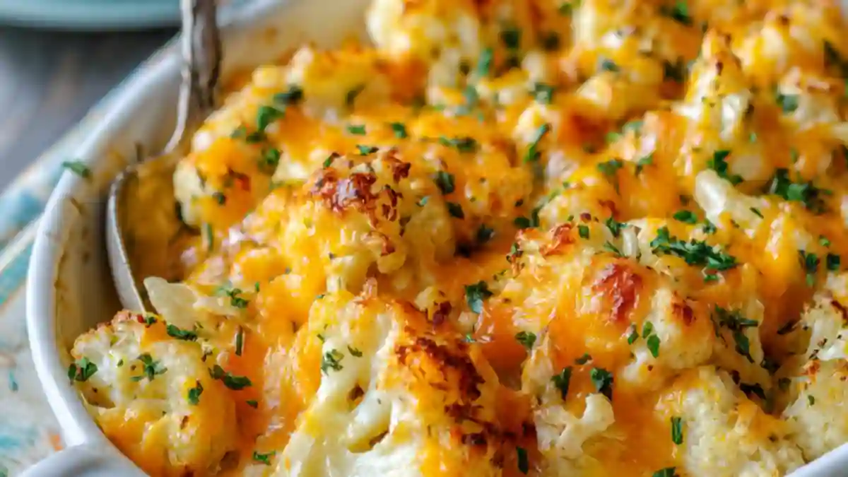 golden roasted cauliflower in a white casserole dish topped with melted cheddar and fresh herbs