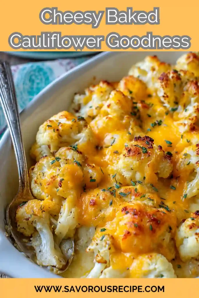 golden baked cauliflower with melted cheddar cheese and herbs in a white dish with serving spoon