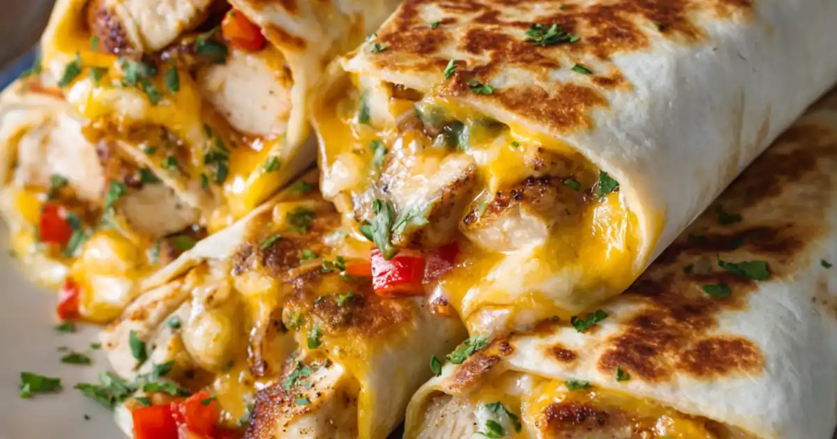 melted cheese chicken burrito with grilled tortilla and chopped herbs