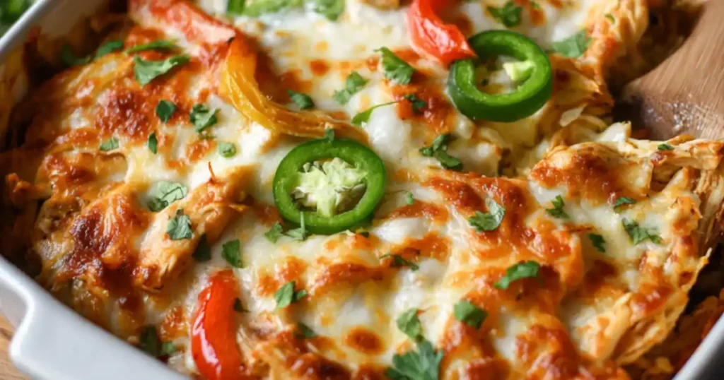 Cheesy chicken enchiladas topped with melted mozzarella, jalapeño slices, red and yellow bell peppers, and fresh cilantro