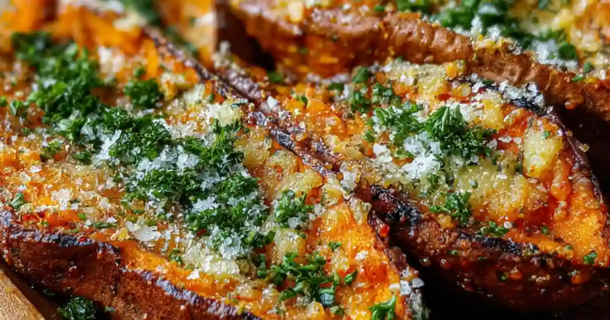 roasted sweet potato halves topped with melted cheese, garlic, parsley, and sea salt flakes