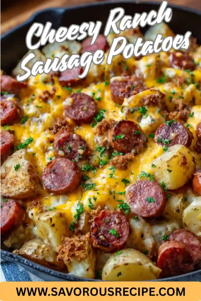 Skillet of cheesy ranch sausage potatoes with crispy sausage slices, golden melted cheese, and fresh parsley