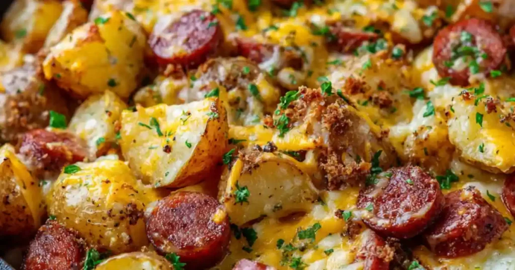 Close-up of baked sausage and golden potatoes topped with melted cheese, breadcrumbs, and fresh parsley
