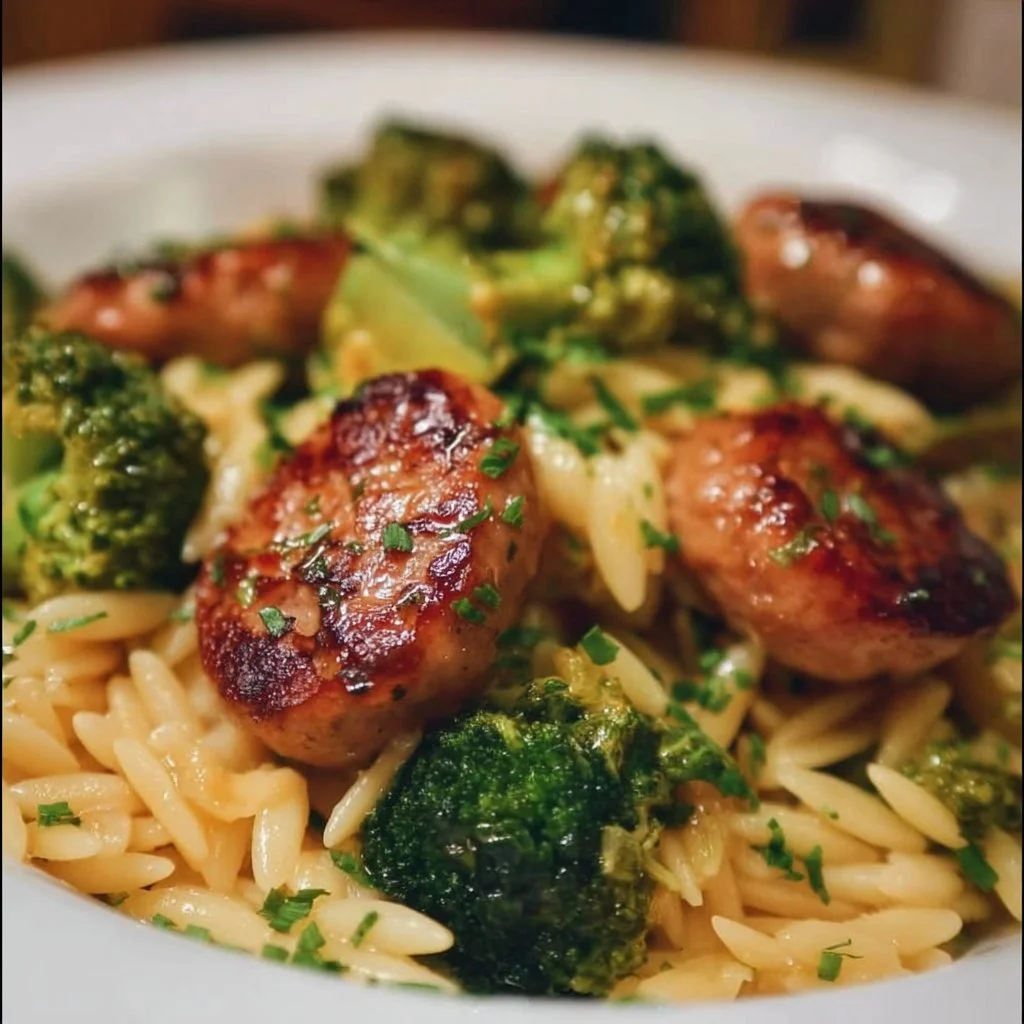 Plate of Chicken Sausage and Broccoli Orzo with herbs and spices