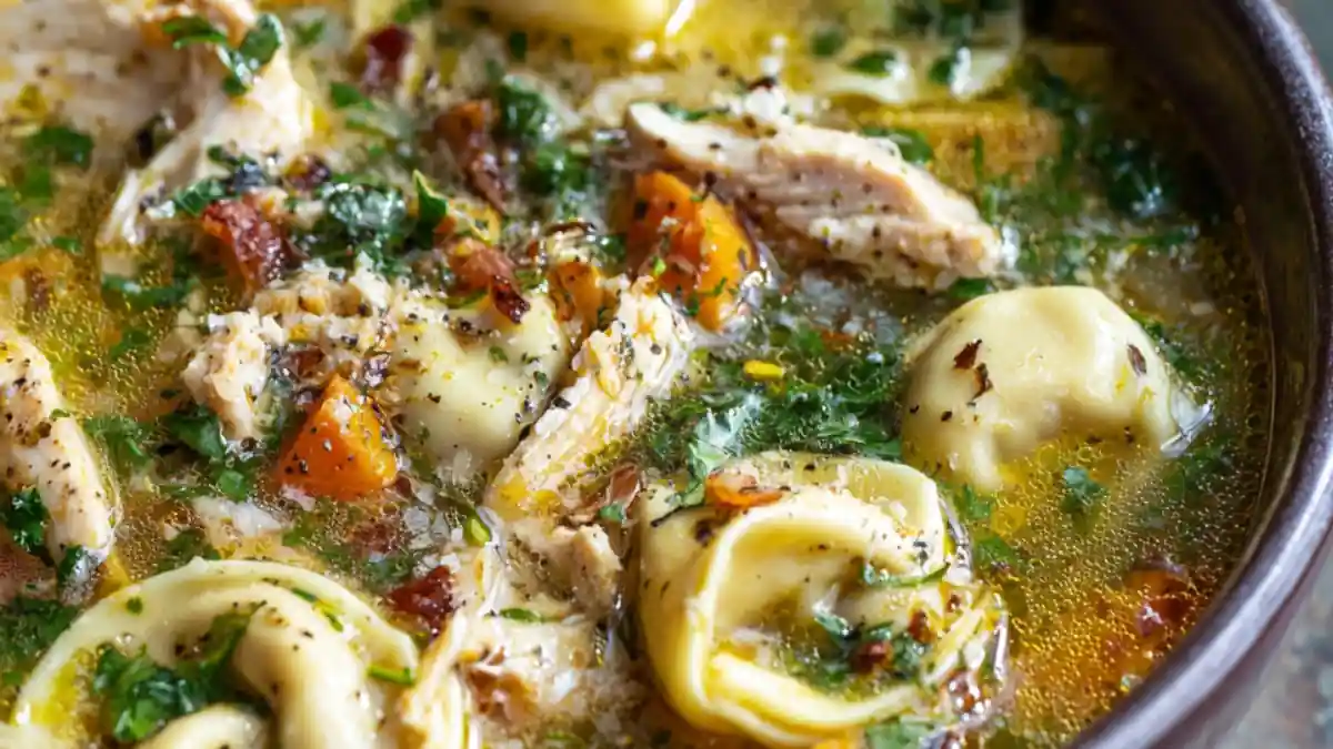 Hearty chicken tortellini soup with shredded chicken, cheese-filled pasta, herbs, and vegetables in a golden broth