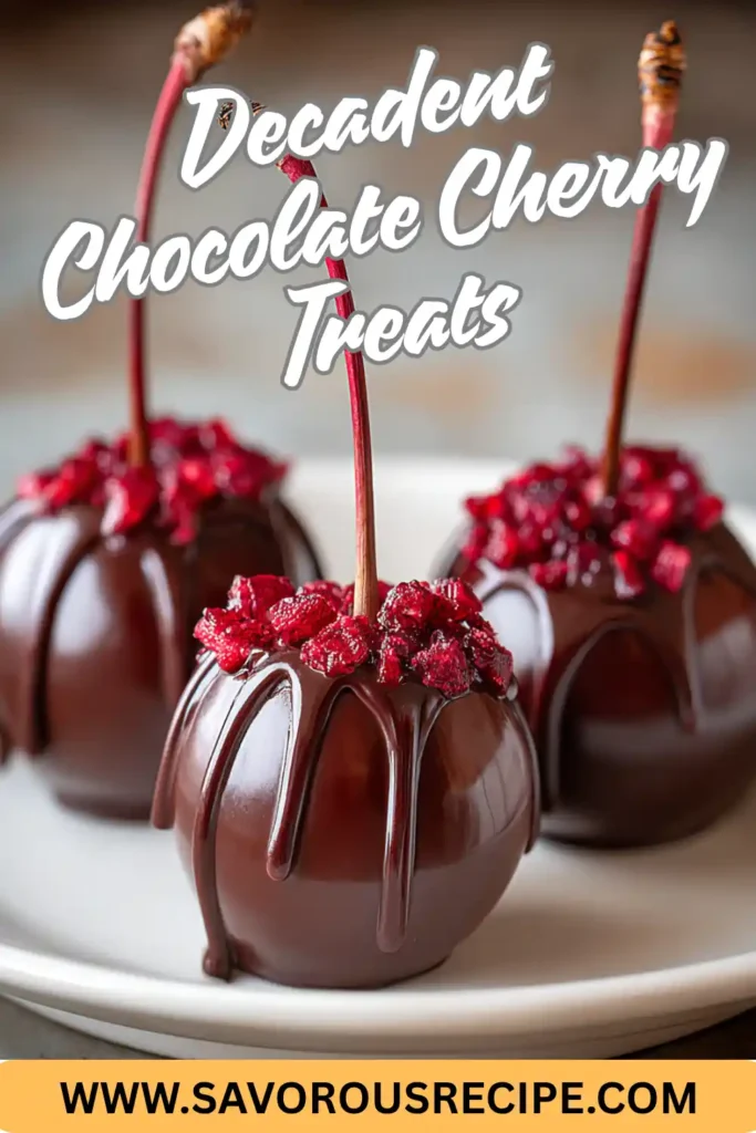 Vertical image of glossy chocolate-covered cherries topped with red crumble, styled on a white plate with bold dessert text overlay.
