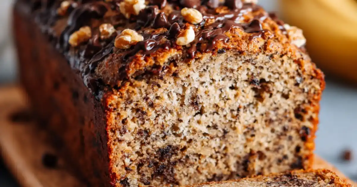 moist banana bread loaf with chocolate chips and walnuts topped with melted chocolate drizzle