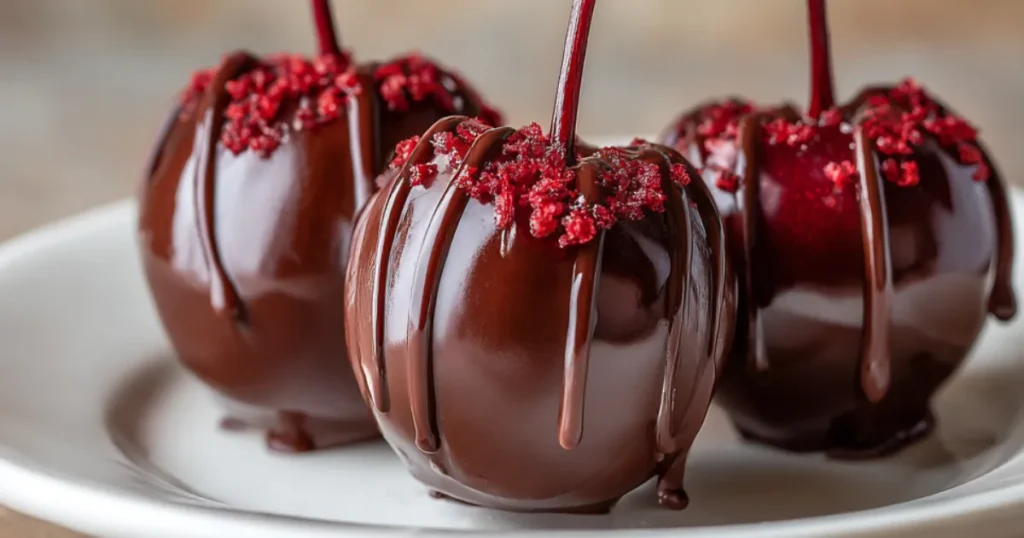 Dark chocolate covered cherries with red crumble topping on a white plate—perfect for weddings, desserts, or party finger food.