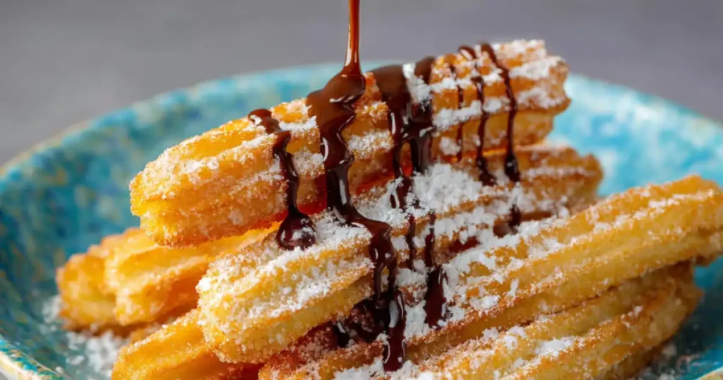 Crispy churros stacked on a turquoise plate with chocolate sauce dripping and powdered sugar