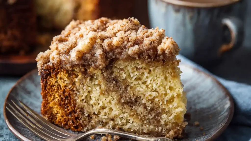 slice of cinnamon crumb coffee cake on ceramic plate with vintage fork and coffee mug