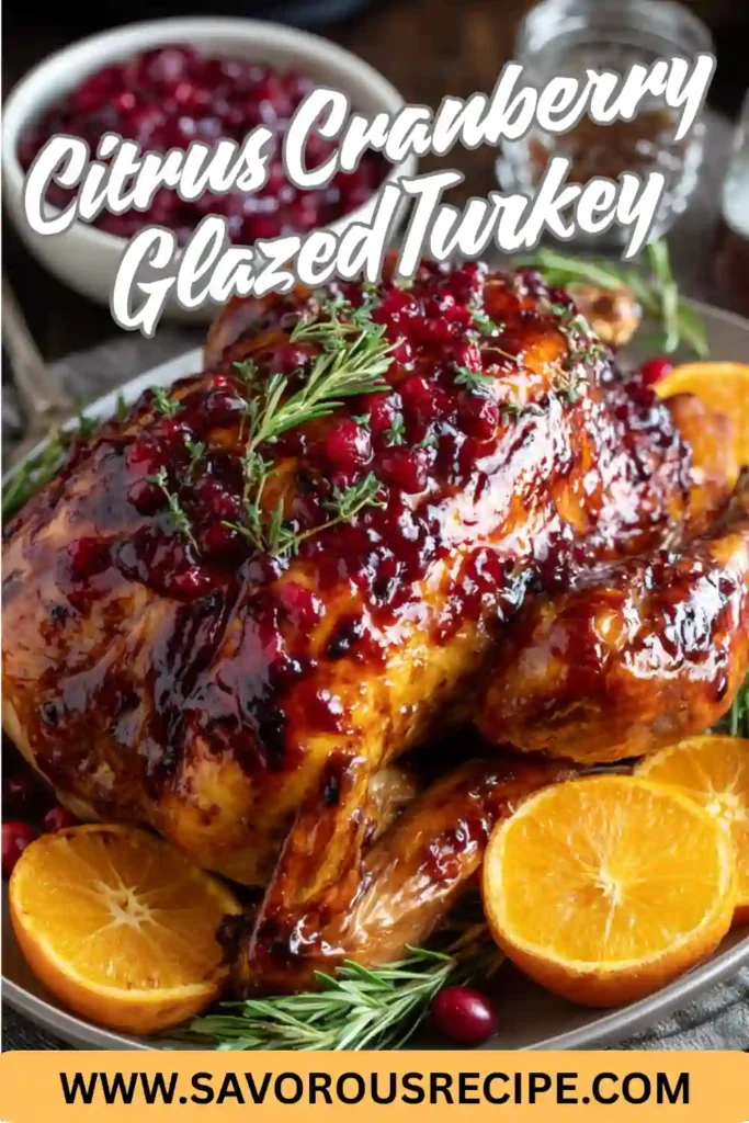 roasted citrus cranberry glazed turkey with rosemary, oranges, and cranberries on serving platter