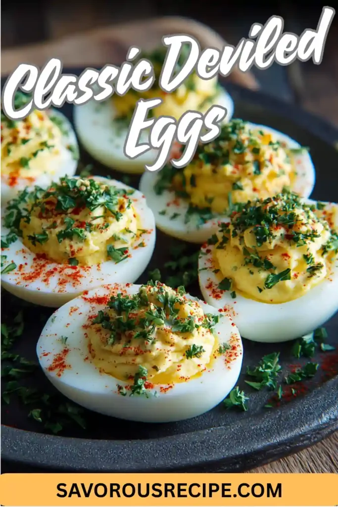 Pinterest pin showing deviled eggs garnished with parsley and paprika with "Classic Deviled Eggs" text overlay