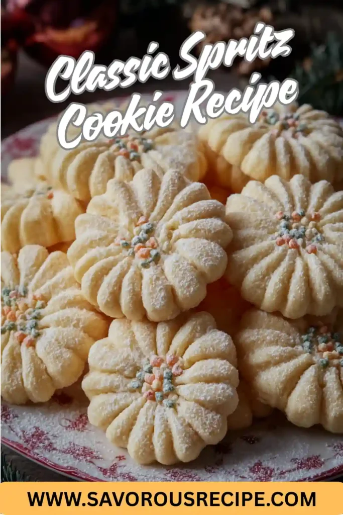 stack of classic flower-shaped spritz cookies with powdered sugar and pastel sprinkles