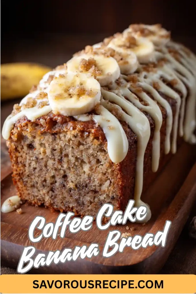 coffee cake banana bread loaf with icing drizzle and banana slices, text overlay for recipe site
