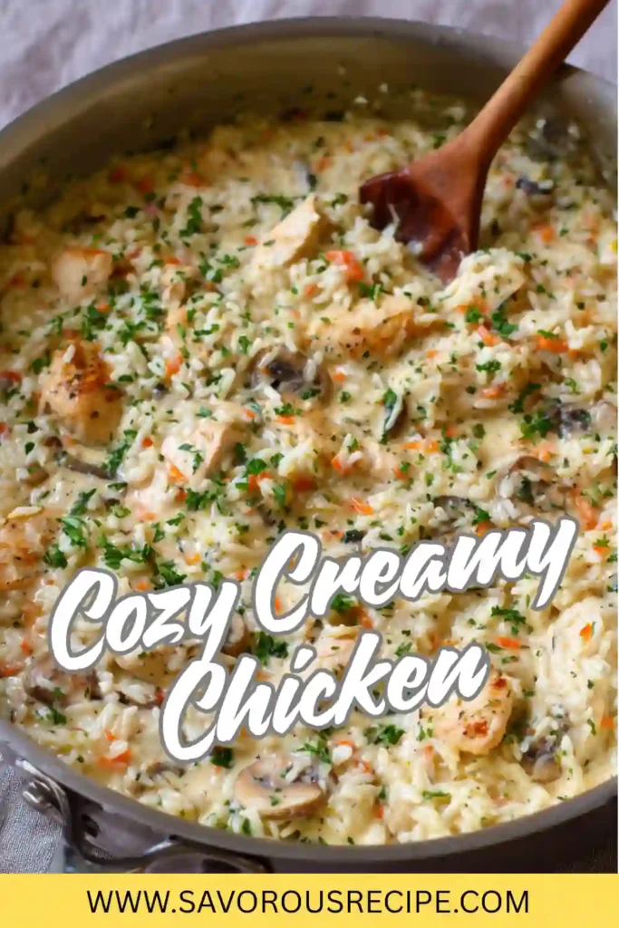 creamy chicken skillet with rice, mushrooms, carrots, and parsley garnish