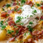 crack potato soup topped with sour cream, bacon, cheddar cheese, and parsley