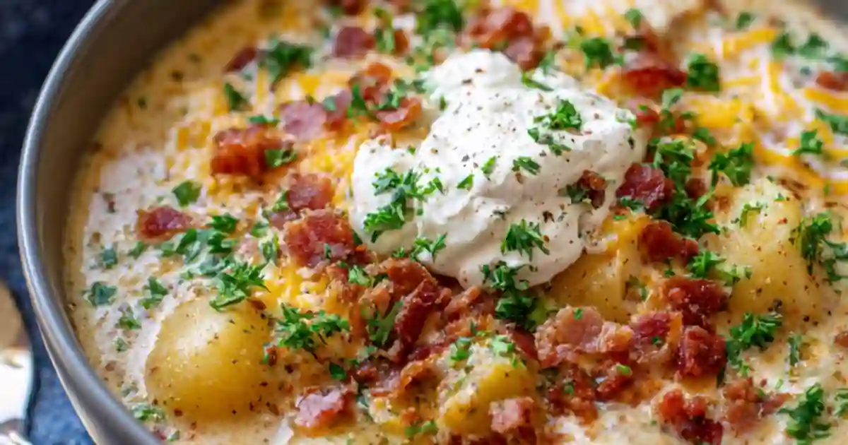 crack potato soup topped with sour cream, bacon, cheddar cheese, and parsley