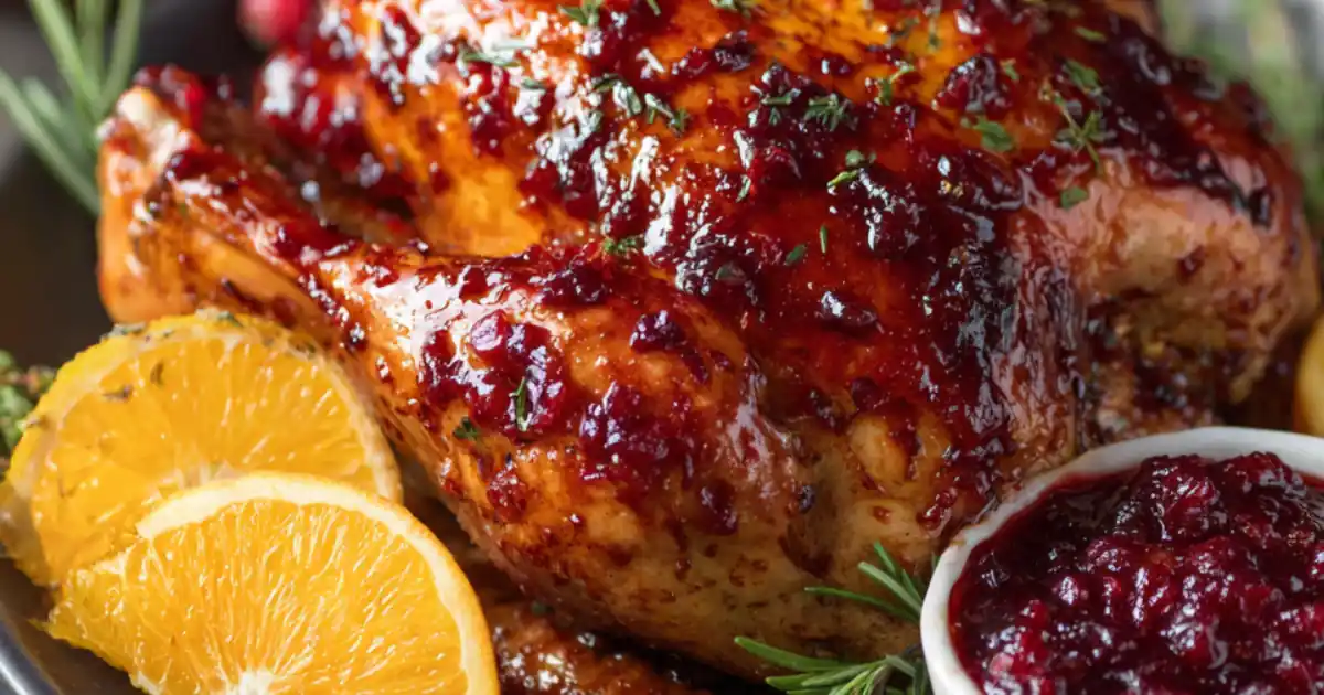 whole cranberry-glazed roast turkey with orange slices and rosemary on a serving platter